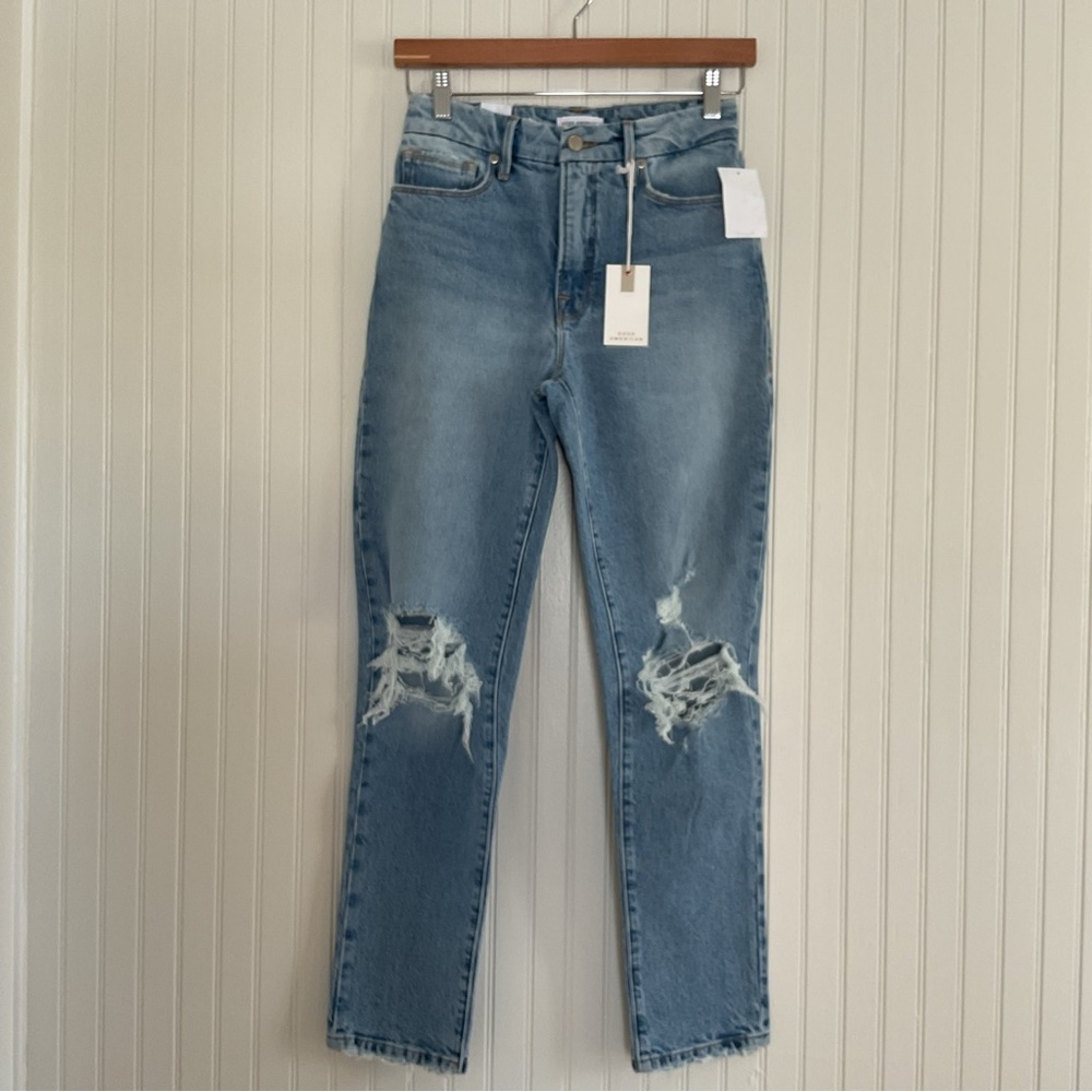 Good American Good Classic Straight Leg Distressed Indigo 342 Denim NWT